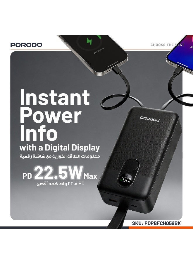 بورودو بنك طاقة 30000 مللي أمبير في الساعة بشاشة رقمية مع كابل Type-C وLightning / توصيل طاقة 22.5 وات / شحن متزامن - اسود - Image 4